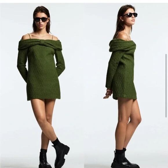 NEW Zara Blogger Favorite Moss Green Structured Chain Straps Bow Mini Dress L - Picture 2 of 12
